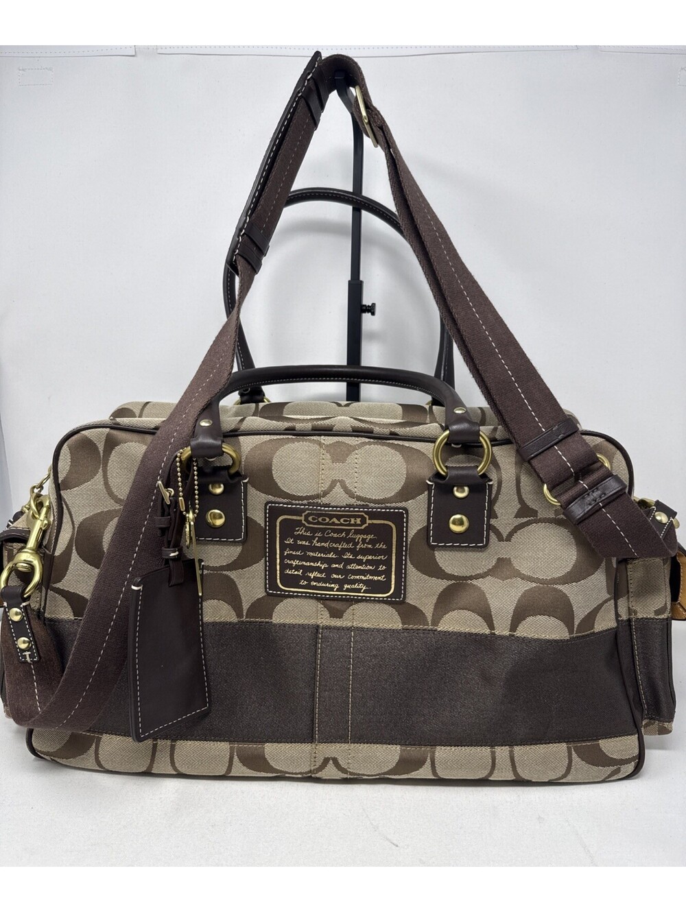 COACH Khaki Signature C Mahogany Brown Stripe Boston Luggage Travel Bag